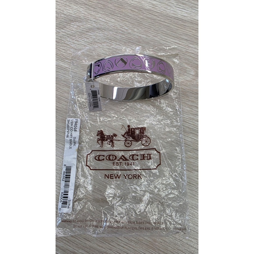 NWT Coach Y2K Pink Silver Tone Enamel Heart Signature C 1/2" Bangle Bracelet‎